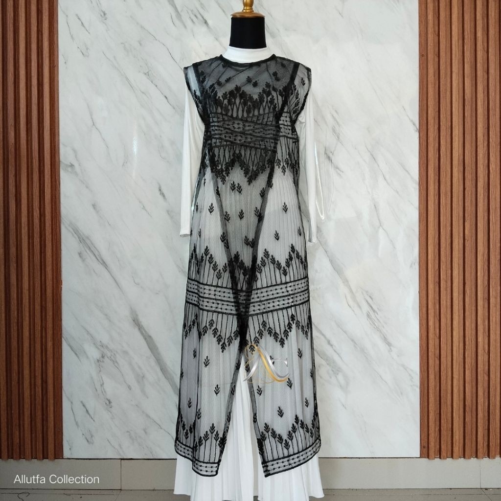 outer cardigan Gamis silang Brokat Tile Mewah Baju Kondangan Wanita tanpa lengan motip random