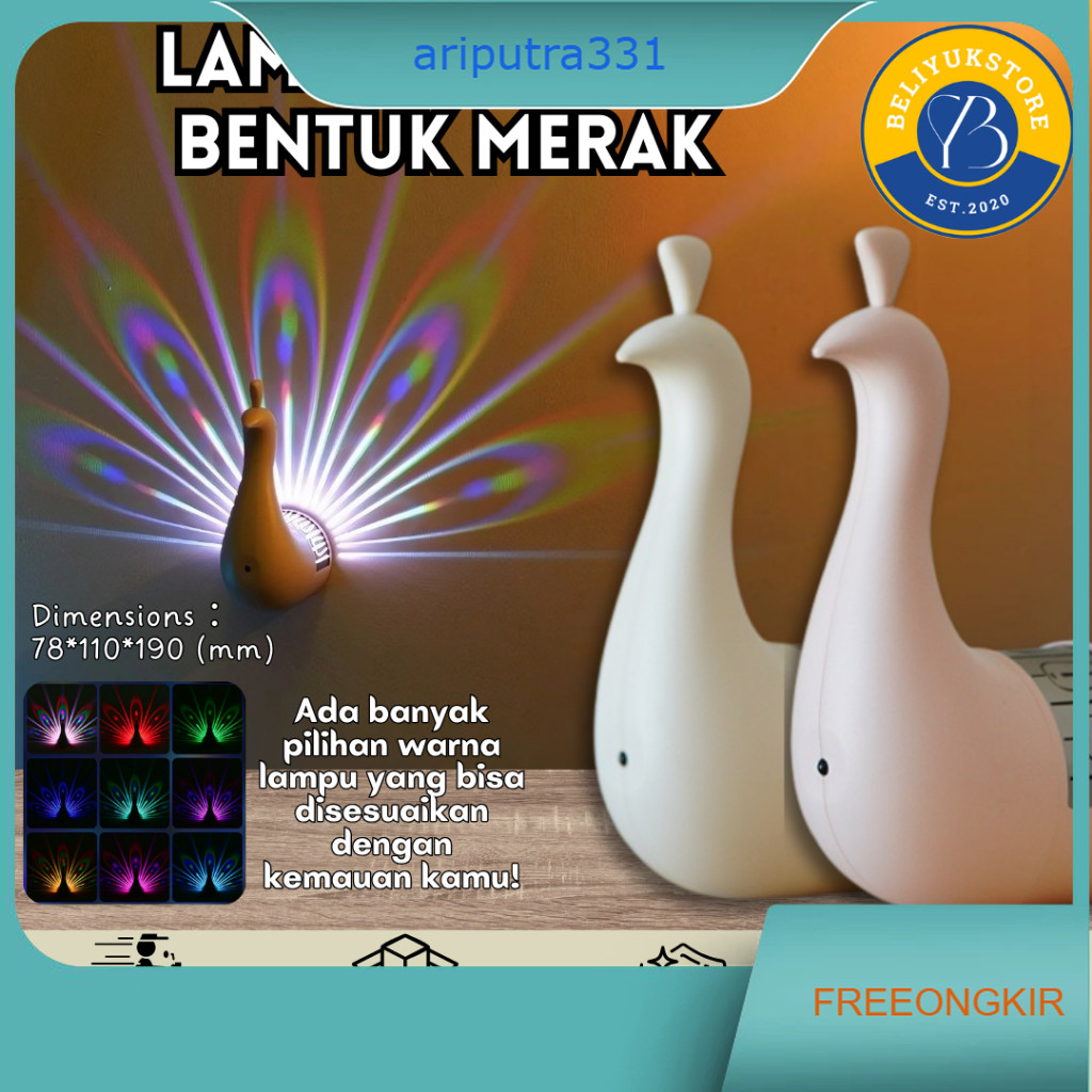 Lampu Dinding Burung Merak 3D / Night Light Peacock 3D LED Multi Color / Lampu Dinding Burung Merak 