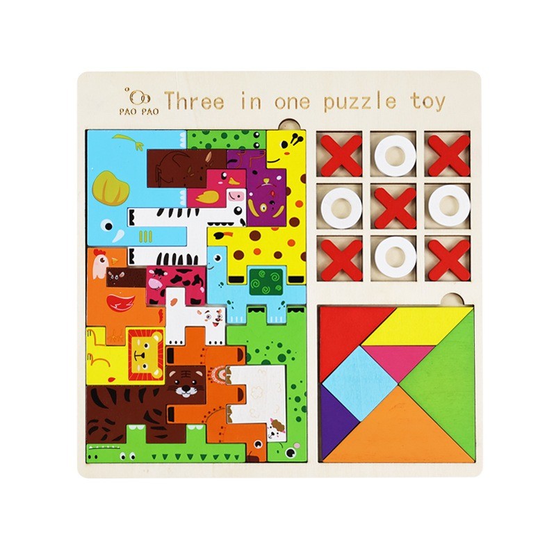 Wooden Block Puzzle 3-in-1 Russian Blocks Tangrams Puzzles and Board Tic Tac Toe Game 3-in-1 Wooden 