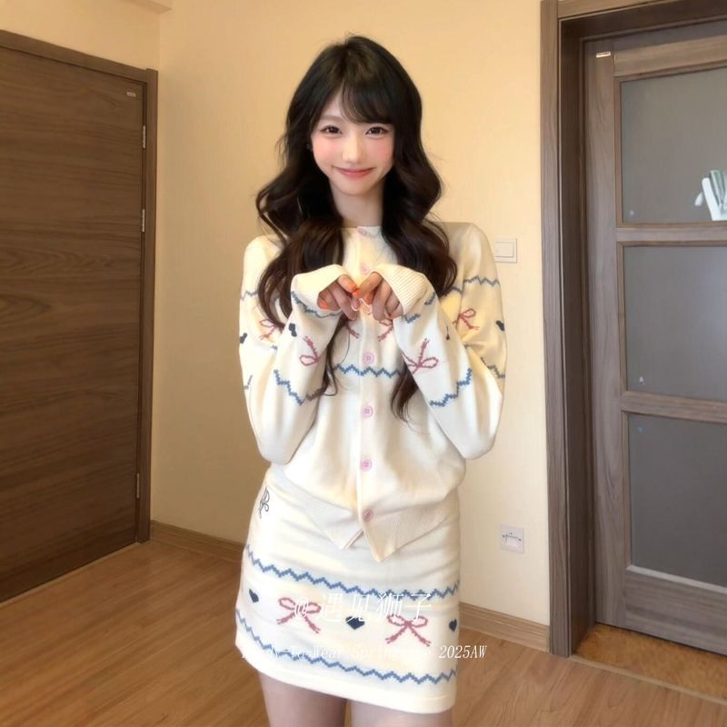 Dainty Vogue Setelan Cardigan Dan Rok Rajut Putih Retro, Setelan Dua Potong Rok Pendek Wanita