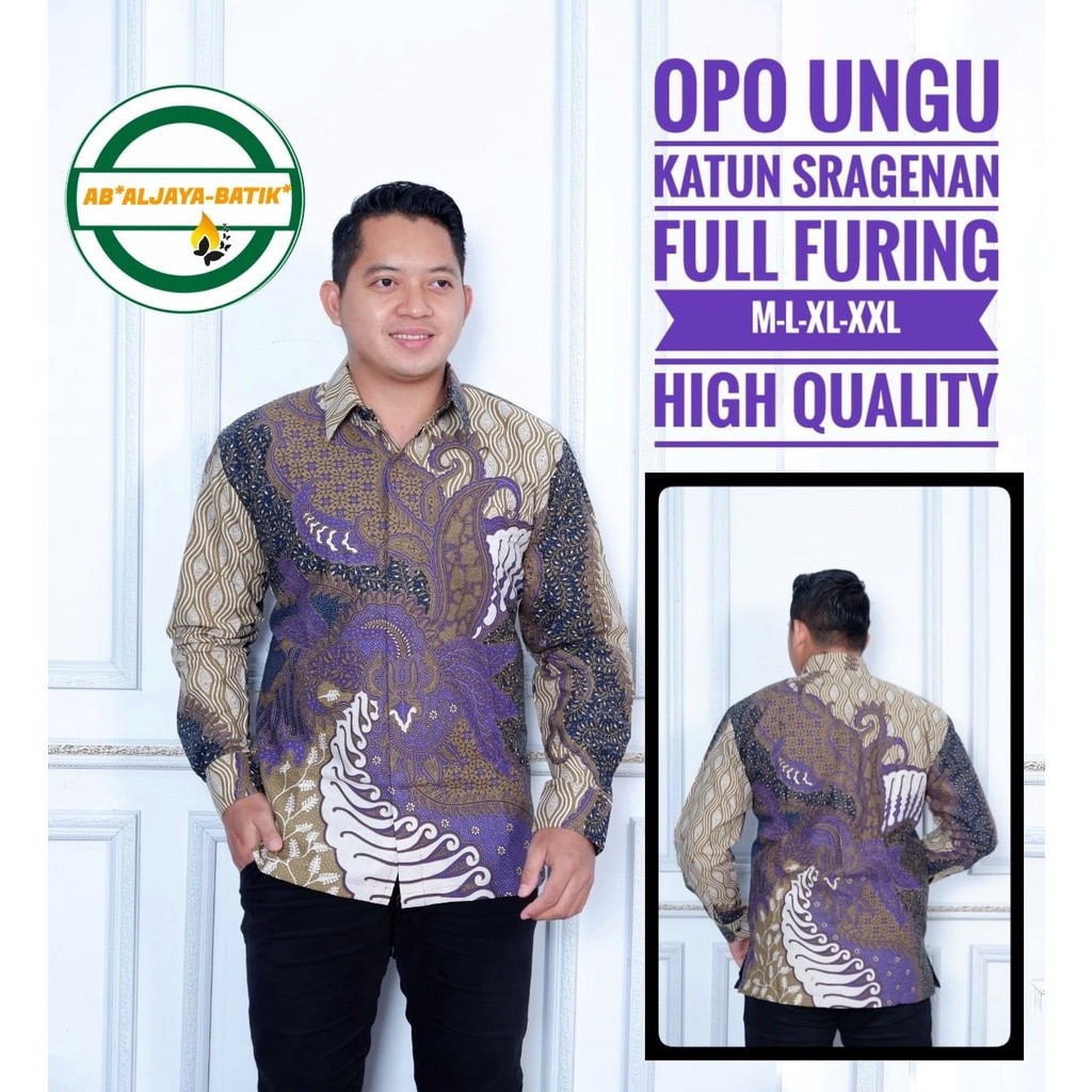 OPO UNGU Atasan Kemeja Batik SOLO Pria PREMIUM Lengan Panjang Katun Halus Lapis FURING ALJAYA Dewa w