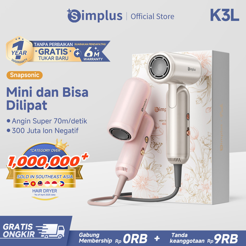 Simplus HairDryer Snap Sonic Lipat Mini 70m/detik High Speed 110,000 rpm 300 Juta Ion Negatif