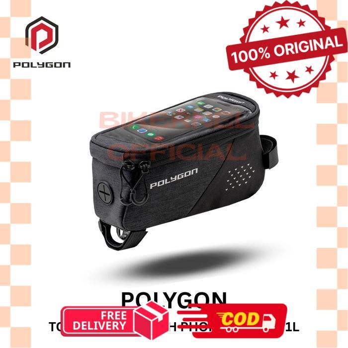 POLYGON Tas Sepeda Frame MTB Polygon Top Tube Bag with Phone Display 1L Hitam Weatherproof - Spesifi