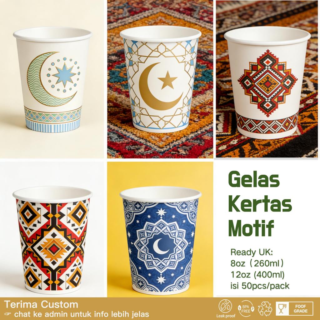 [50pcs] Paper Cup Custom Tema Ramadan Kareem | Gelas Kertas Hot Cup 8oz 12oz 16oz 22oz | Double/Sing