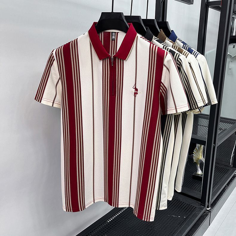 Pria Zip Lapel Bordir Lengan Pendek Bergaris Kaos Mode Kasual