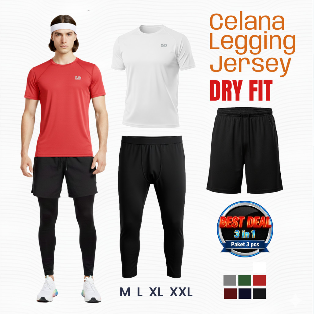 Set 3 in 1 Stelan Olahraga Lengkap Dry Fit Quick Dry Jersey Training Gym Badminton Kolor Legging Pri