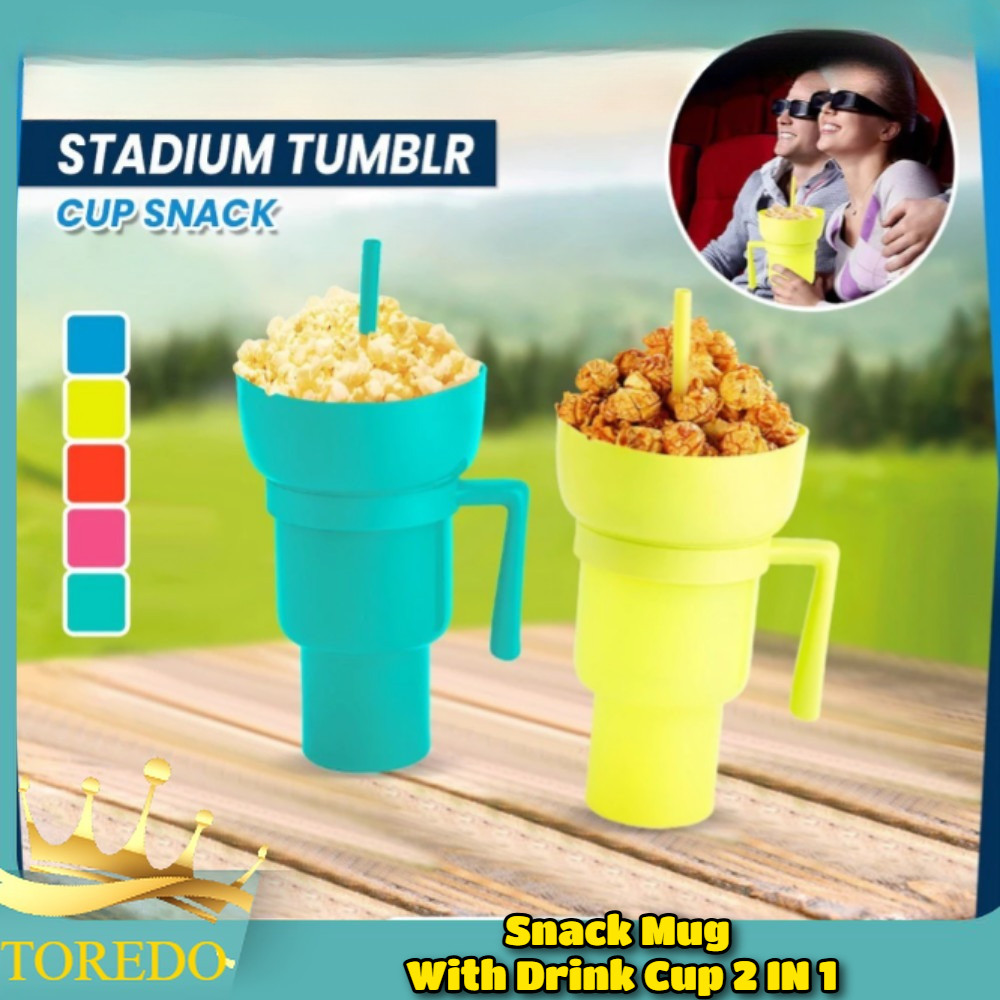 TOREDO J2 Snack Mug With Drink Cup 2IN1 Popcorn Cup Movies Travel Stadium Tumblr Cup Wadah Portable
