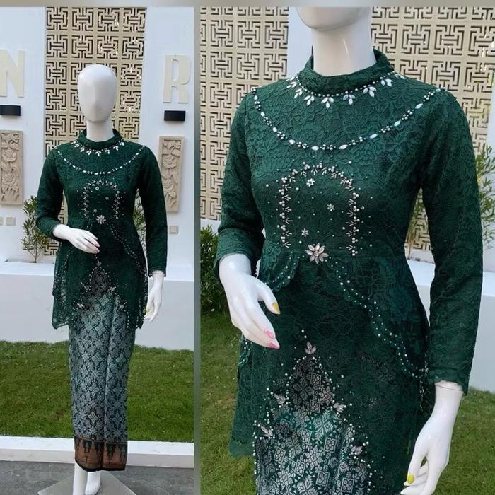 Kebaya Wisuda Tunik Fiona Free Hijab/kebaya Lamaran/kebaya Brokat Tunik Fiona Rok Songket - Denim, S