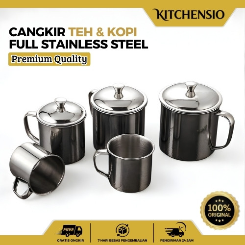Cangkir Stainless Steel Tahan Panas Ukuran 10/12/14cm + Tutup Mug Tebal Anti Karat 520A