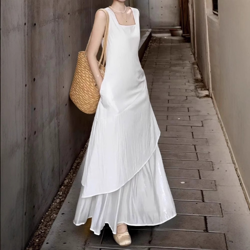 Gaun rompi putih tanpa lengan bergaya Prancis, gaun panjang elegan baru untuk wanita.