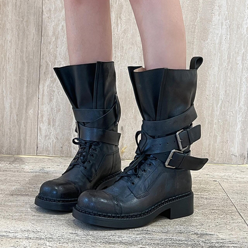 miu New style high-top motorcycle boots for women, vintage distressed chunky heel buckle thick-soled