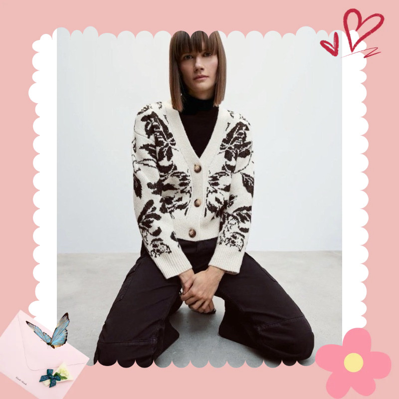 Cardigan Premium Knit Flores Flower jacquard Black White