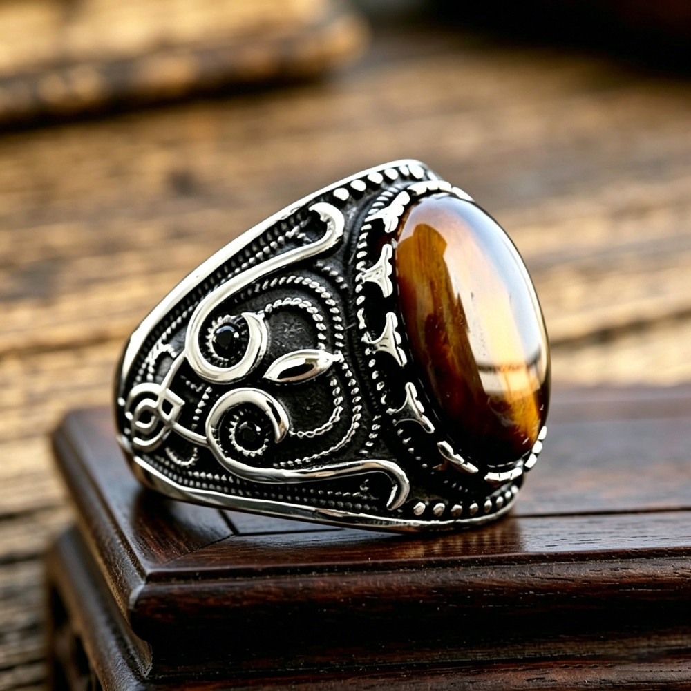 Cincin Pria Perak Batu Mata Harimau Alami Ukir Vintage Motif Antik Aksesoris Fashion Keren