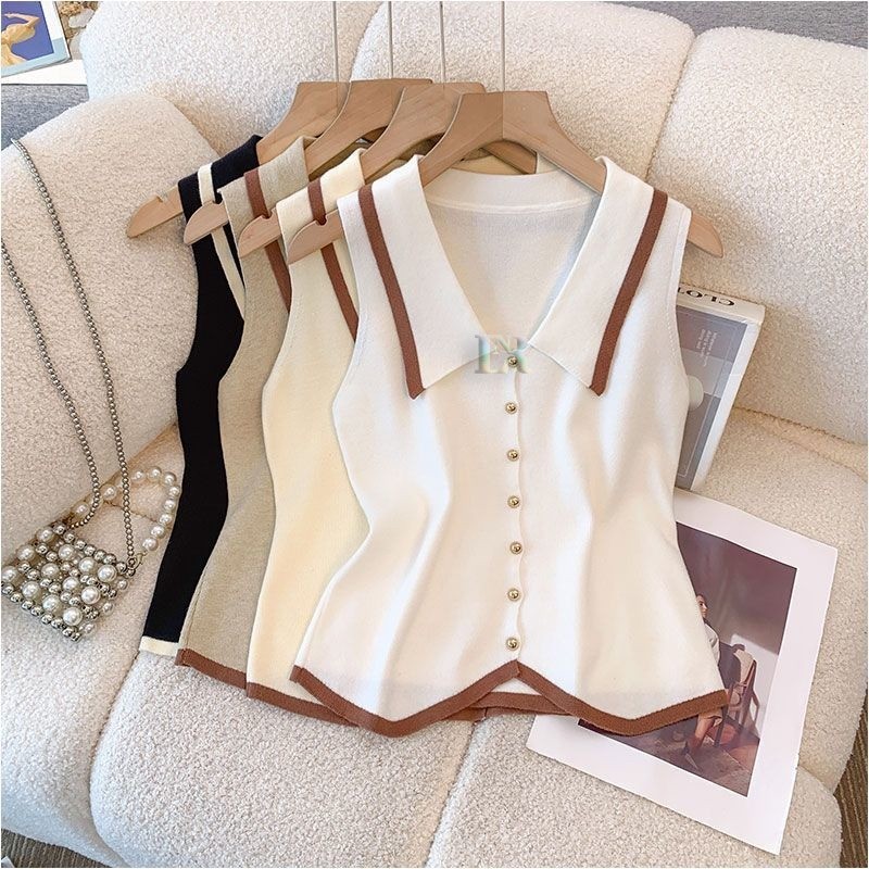 Atasan Outer Vest Rompi Rajut Full Kancing Dengan Kerah List Bahan Halus Lembut untuk Perempuan Tanp