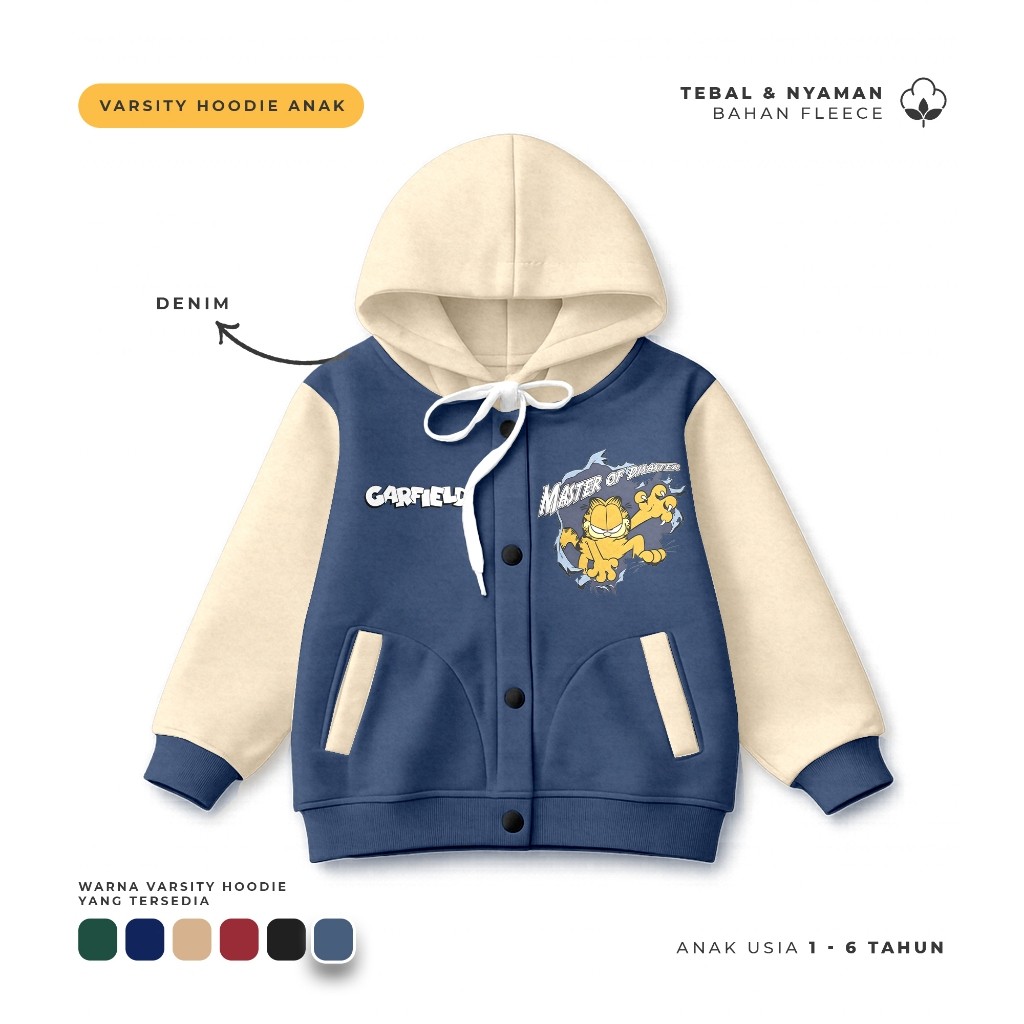 Jacket Varsity Hoodie Anak Varsity Hoodie Garfield Master Of Disaster Usia 1-6 Tahun Hoodie Josss