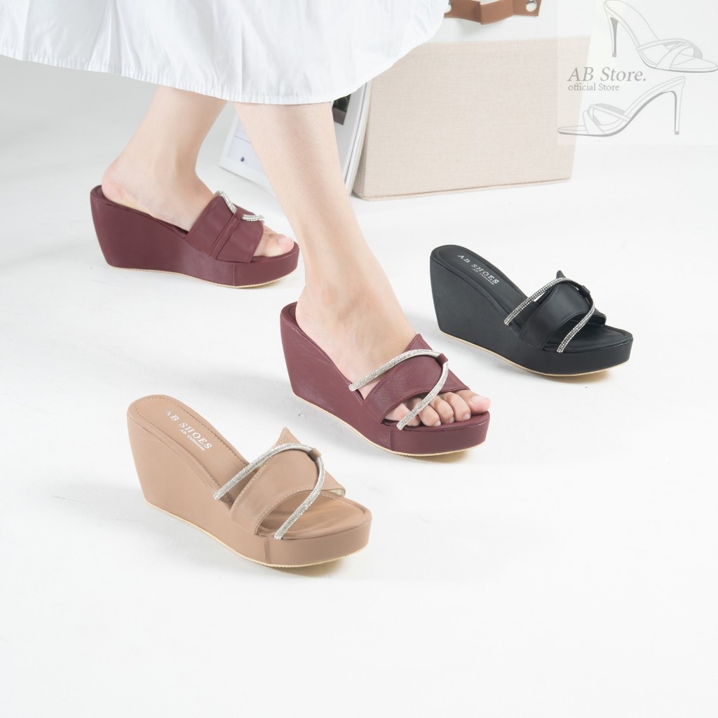 NEW Sandal Wedges Wanita Terbaru Gliter Import Strap Diamond Permata - Sandal Pesta Casual Cantik
