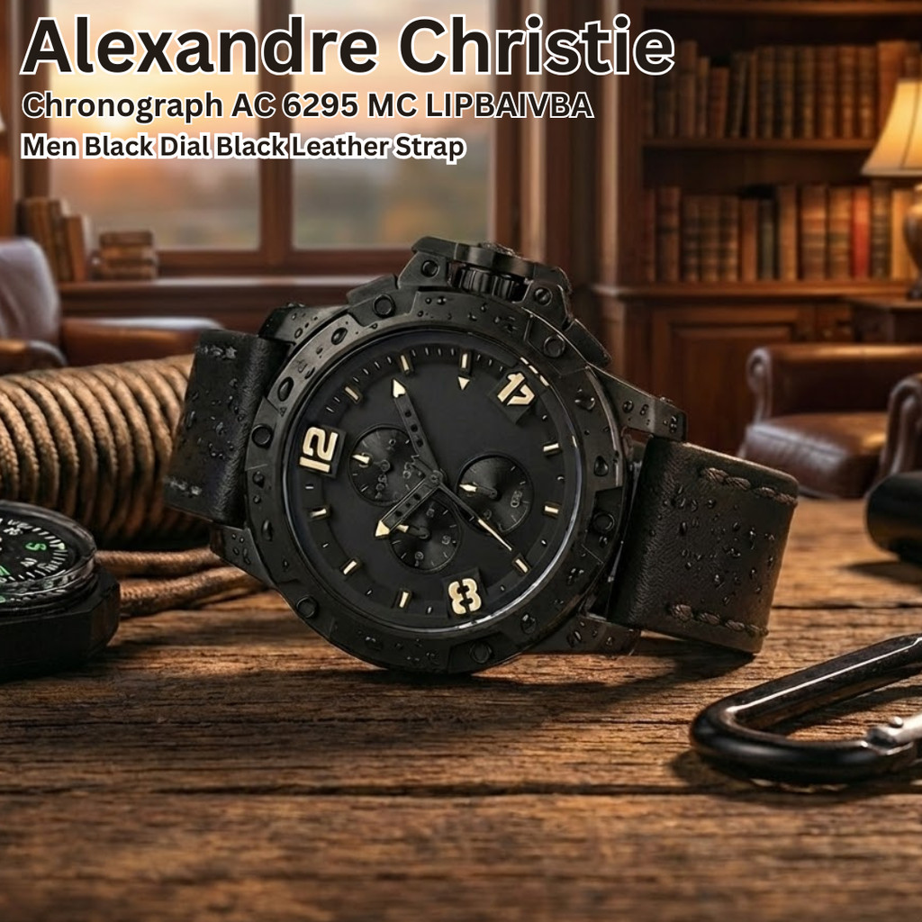 Jam Tangan Pria Alexandre Christie Chronograph AC 6295 MC LIPBAIVBA Black Dial Leather Strap Hitam