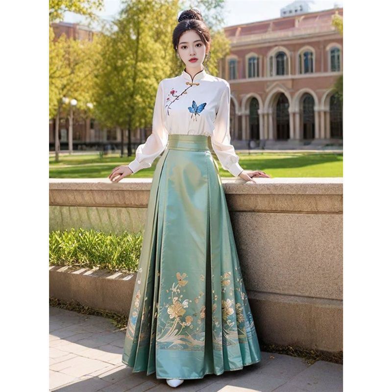 Set Atasan Bordir Wanita Gaya Hanfu dan Rok Mamian