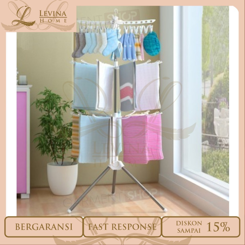 Jemuran Handuk Baju Kaos Kaki Bayi Stand Hanger Berdiri Lipat Foldable Drying Rack 3 Susun [Levina H