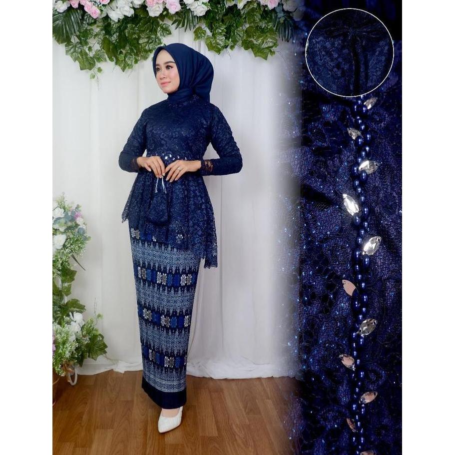 SETELAN KEBAYA BROKAT PREMIUM/ KEBAYA TUNIK NAYLA / KEBAYA WISUDA SIMPLE / KEBAYA MODERN - NAVY, M