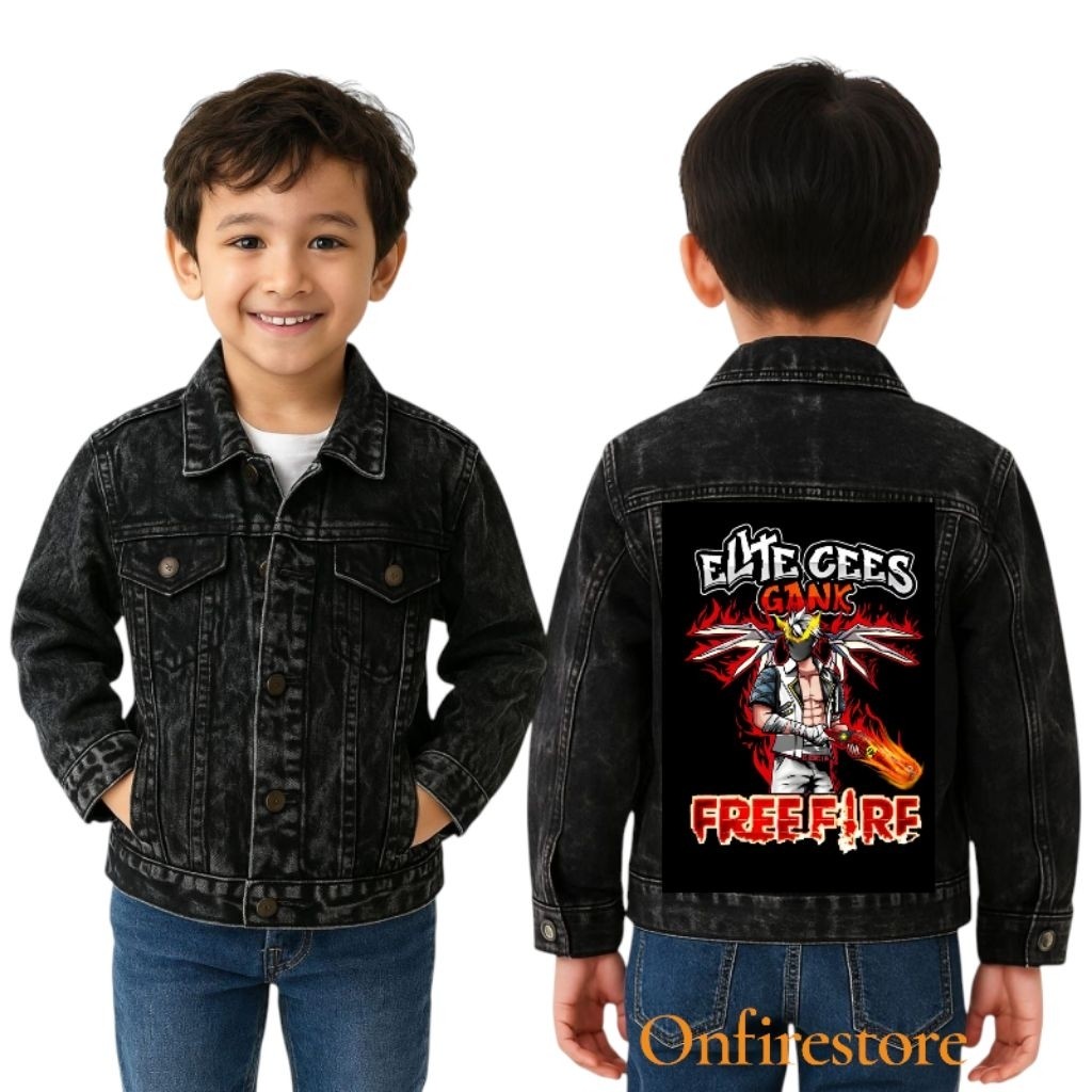 Jaket Jeans Denim Anak Laki Laki Perempuan FF Free Fire Elite Cees Gank Skin SG OPM Meteor dengan Pr
