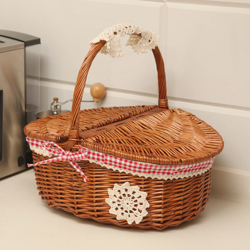 Handmade Wicker Basket with Handle Wicker Outdoor Camping Picnic Basket Food Fruit Rattan Storage Ba