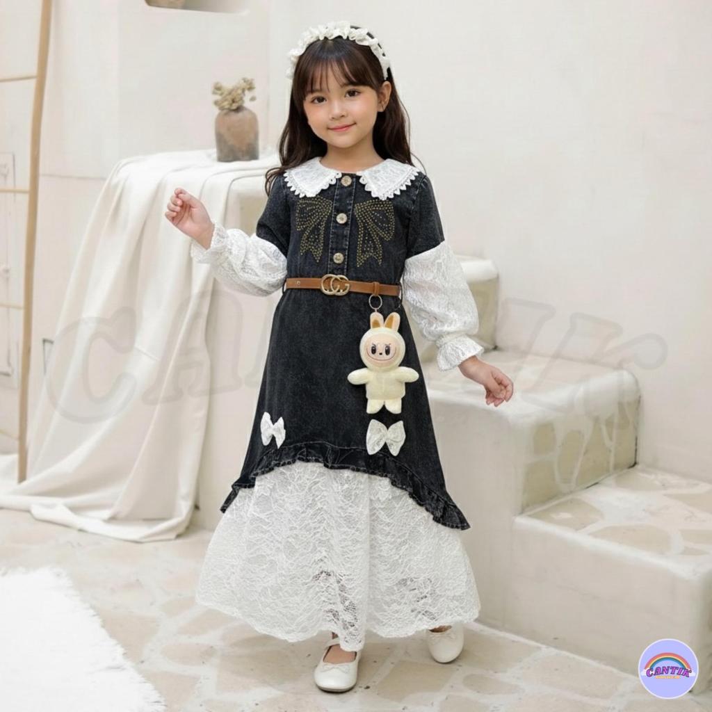 Dress Gamis Jeans Import Lengan Panjang Brokat Anak Perempuan Usia 3-13 Tahun Fashion Lebaran Viral