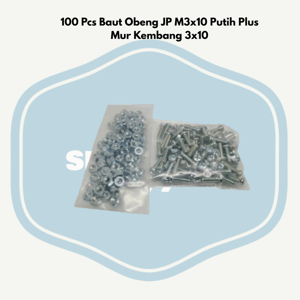 100 Pcs Baut Obeng JP M3x10 Putih Plus Mur Kembang 3x10