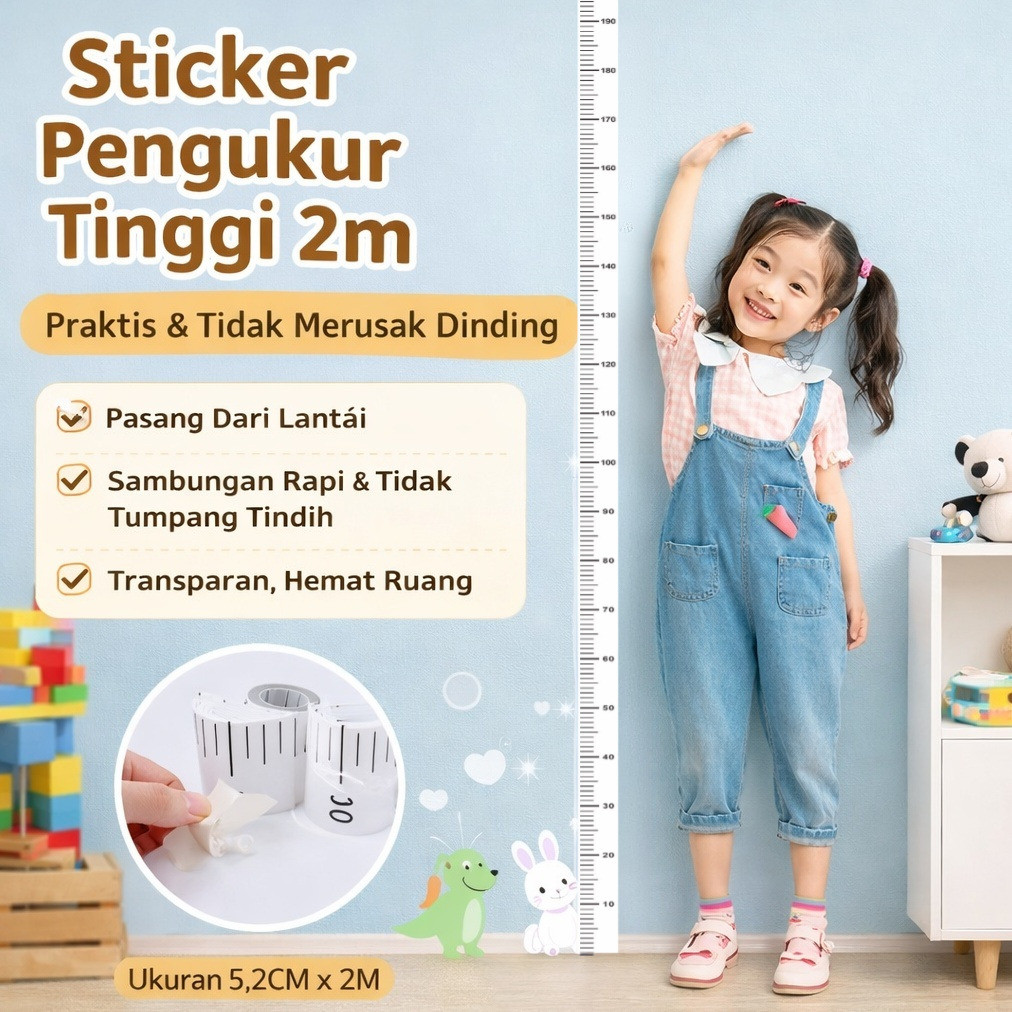 Resmi Stiker Ukur Tinggi Badan Dinding 2 Meter/Kartun Transparan Anti Rusak/Dipasang Mudah Tanpa Cat