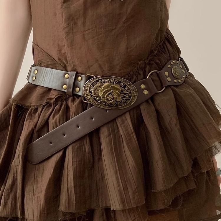 Ikat pinggang kulit cokelat bergaya vintage Amerika, serbaguna untuk dipadukan dengan denim dan rok,