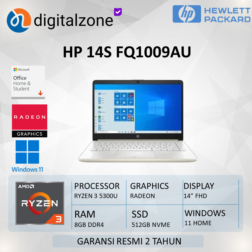 LAPTOP HP 14S FQ1009AU RYZEN 3 5300U 8GB 512GB SSD W1+OHS