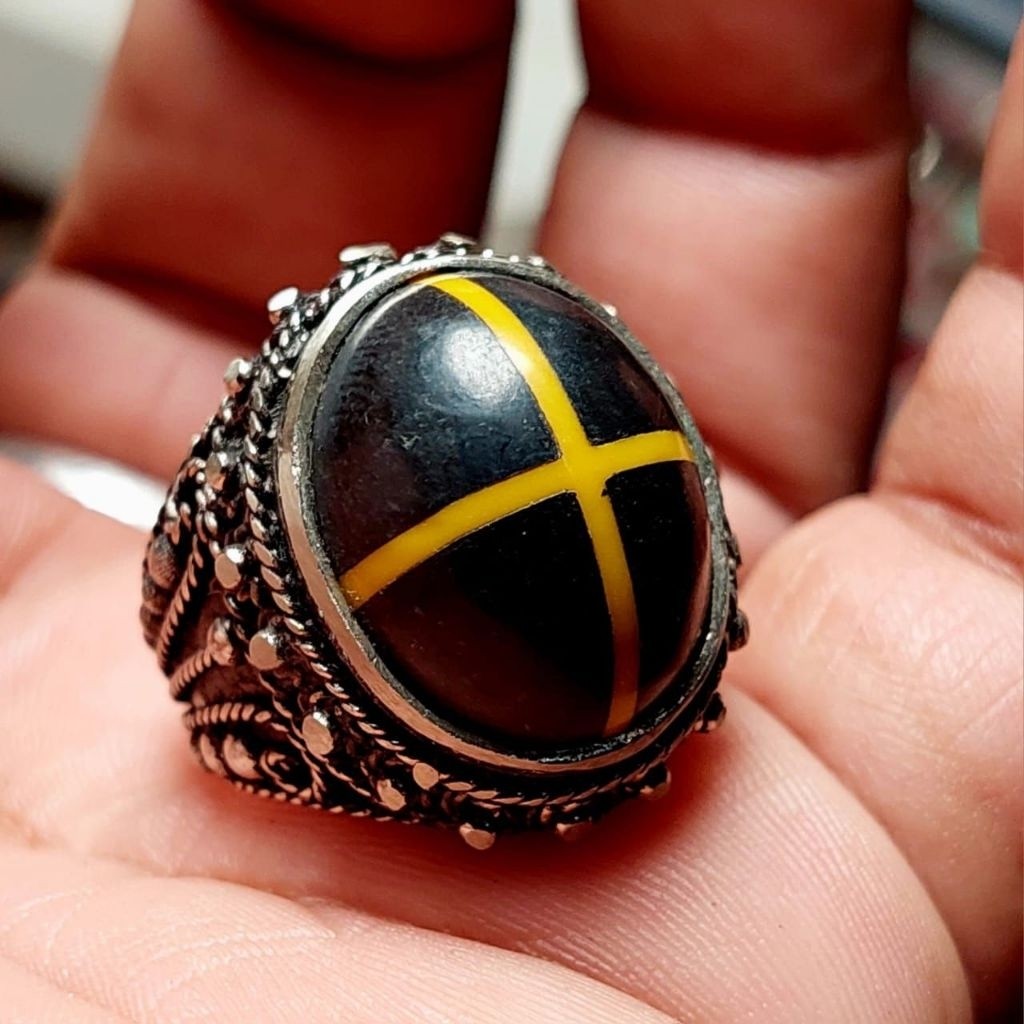 Cincin batu kelor tapak jalak serat emas ring Alpaka super Akik Ring