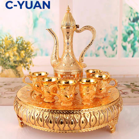 cyuan Ornament/set 8pcs/Set Gelas Anggur Emas Antik Teko Arab Aladin Gold Kendi Gelas Anggur Emas