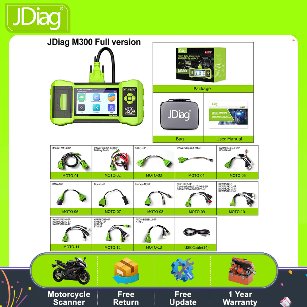 Jag M300 OBD2 Motorcycle Scanner Tool with Bi-rectional Control, Active Test, ABS Bleeng for Harley 