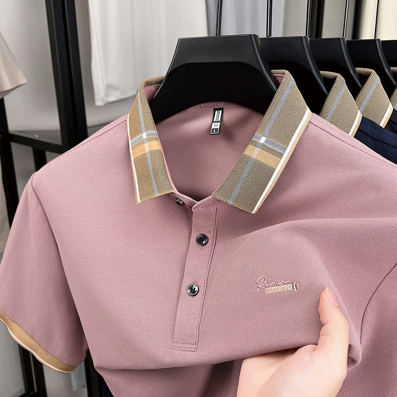 Polo shirt pria pink bermotif fashion Korean style dewasa cowok model baru 2025 casual kaos berkerah