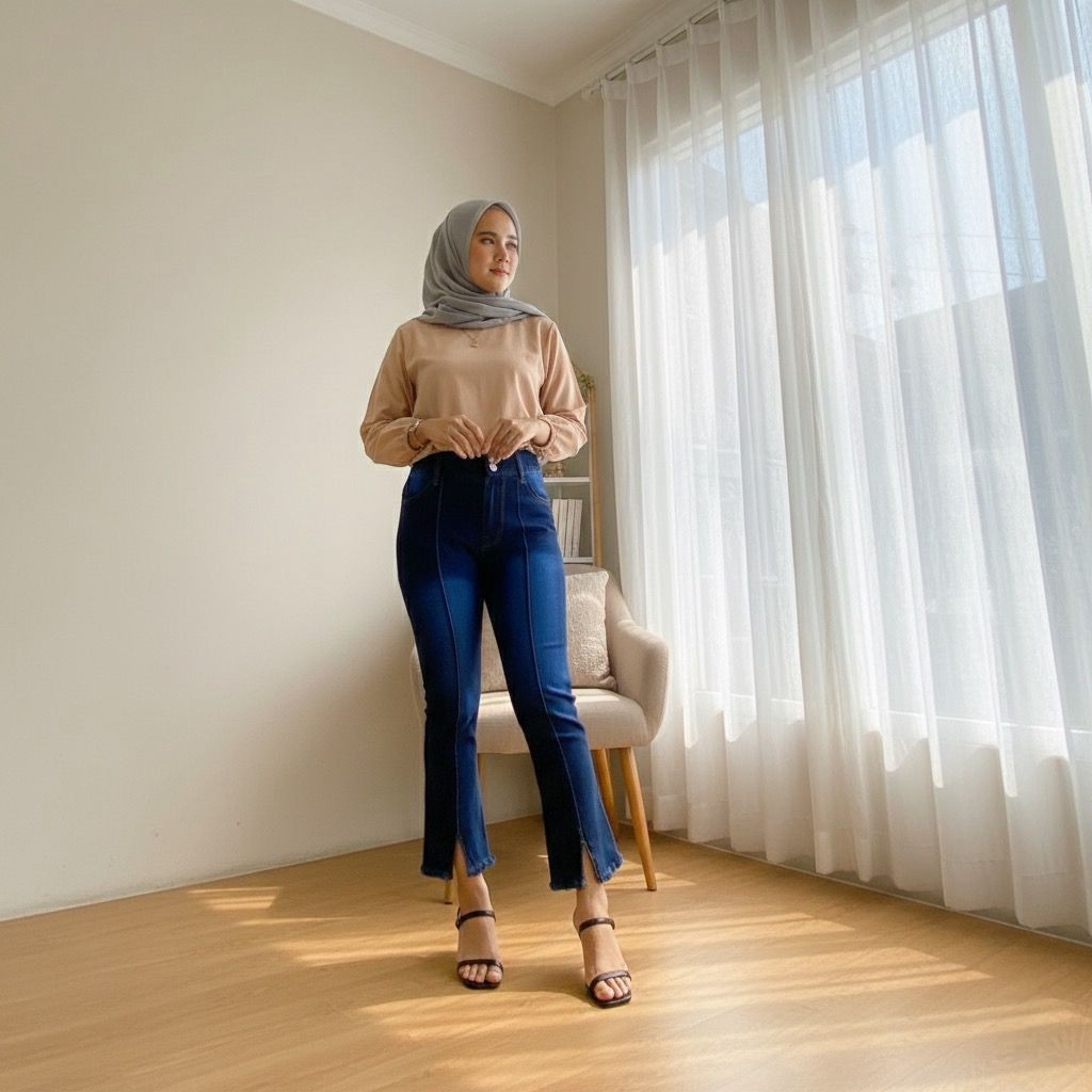 NIWASUMA 27-42 Fujian cutbray 7/9 jeans wanita pinggang karet variasi skoder garis tulang bawah bela