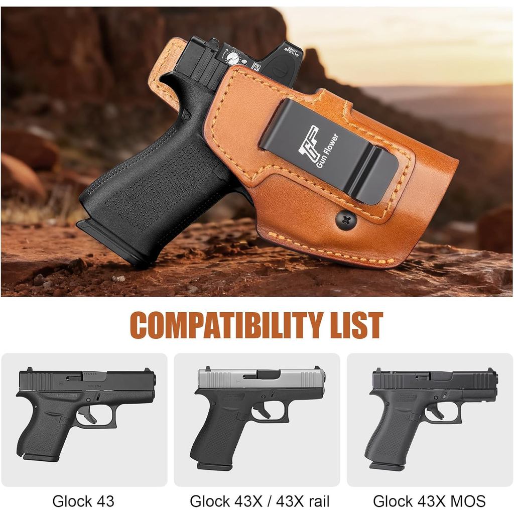 For Glock 43,43X,43X MOS,IWB Leather Holster,Concealed Carry Holster,Appenx ide Waistband,Fit 1.5"-1