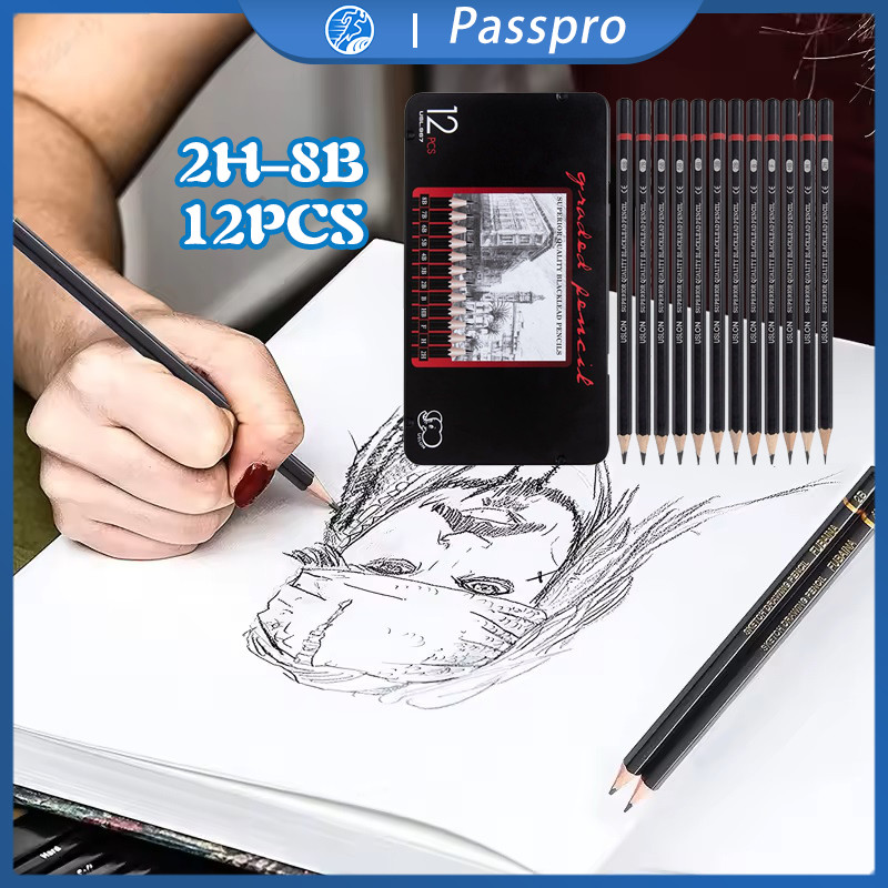 Pensil Sketsa Set 12 Pcs Pensil Menggambar Sketsa 2H-8B Pensil Gambar Sketsa Set  Charcoal Pencils