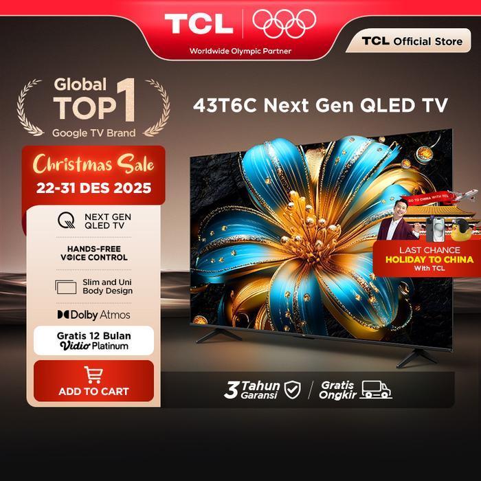 TCL QLED 43 inch T6C - 4K Google TV - HVA Panel - HDR 10+ - Dolby Vision & Atmos - Google Assistant/