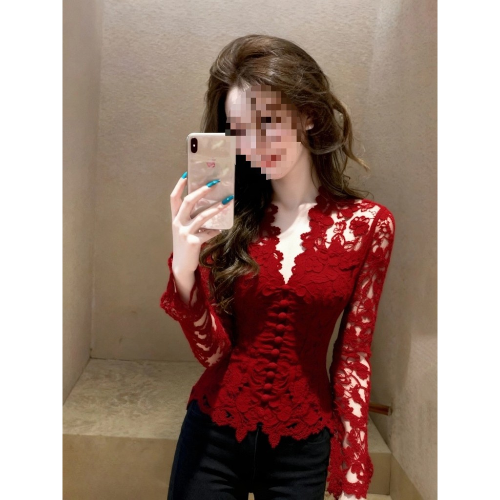 Desain Berongga Baru V Kemeja Dasar Kerah Renda untuk Wanita