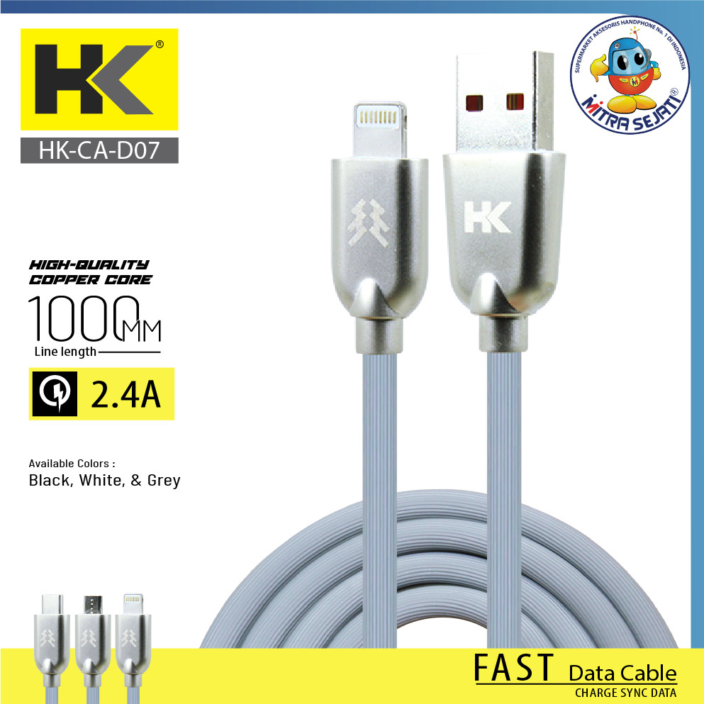 HK D07 Kabel Data Charger Fast Charging 2.4A Micro USB Lightning Type-C Fast Data Cable 1M