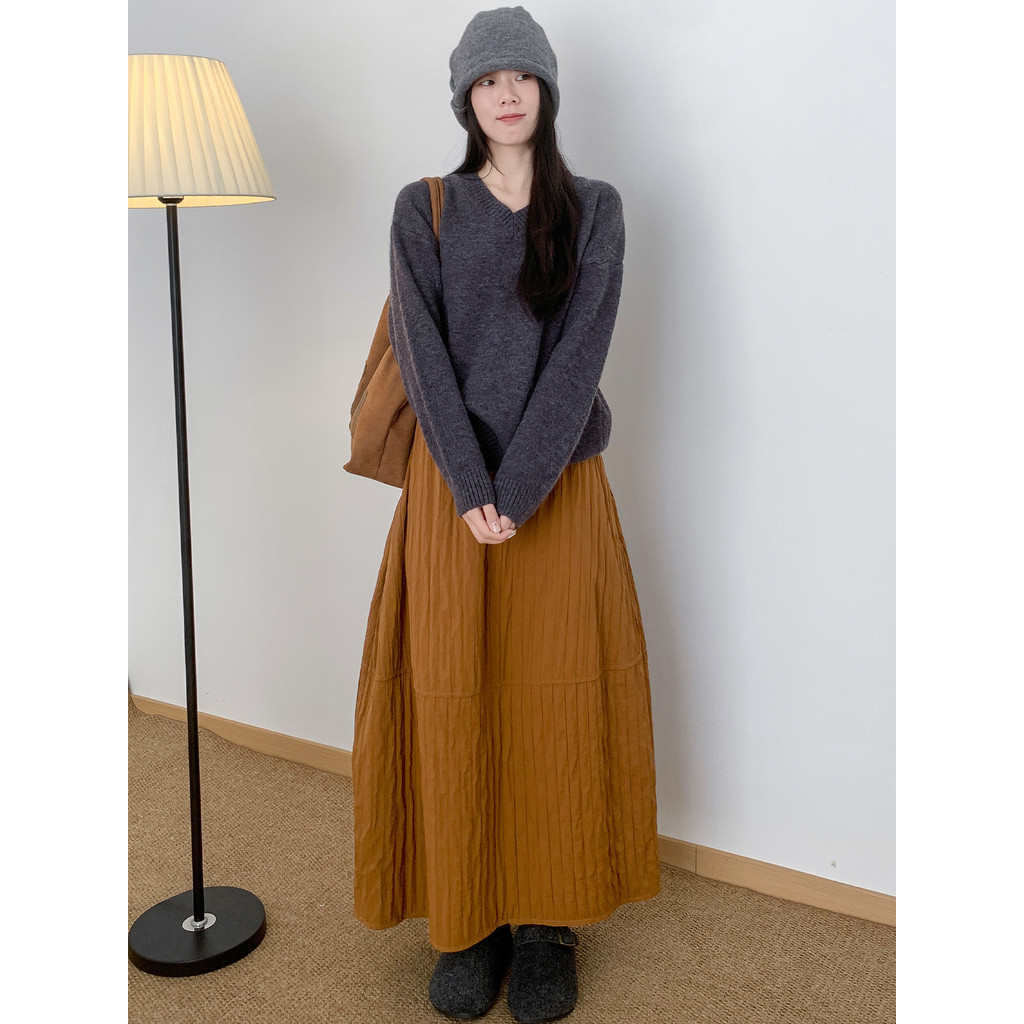 Rok pinggang tinggi warna labu a Rok Mengembang Slimming Rok Payung Kuncup Bunga Rok Setengah