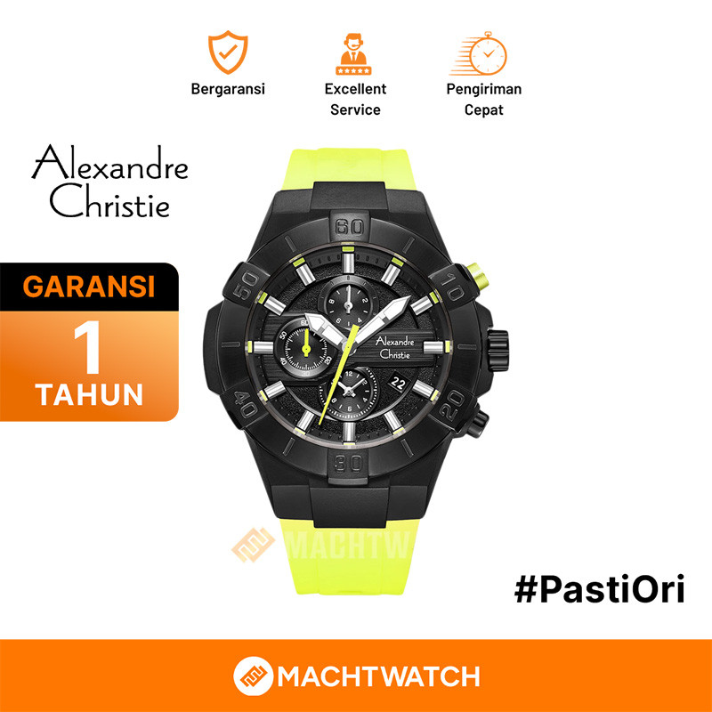[CLEARANCE AC] Jam Tangan Pria Alexandre Christie Chronograph AC 6649 MC RIPBALE Men Black Dial Lime