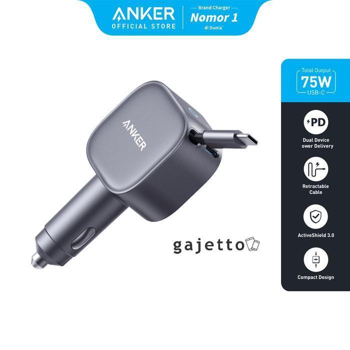 Anker USB-C Car Charger 75W Max Ultra-Compact Type-C Fast Car Charger with Built-in Retractable Cabl