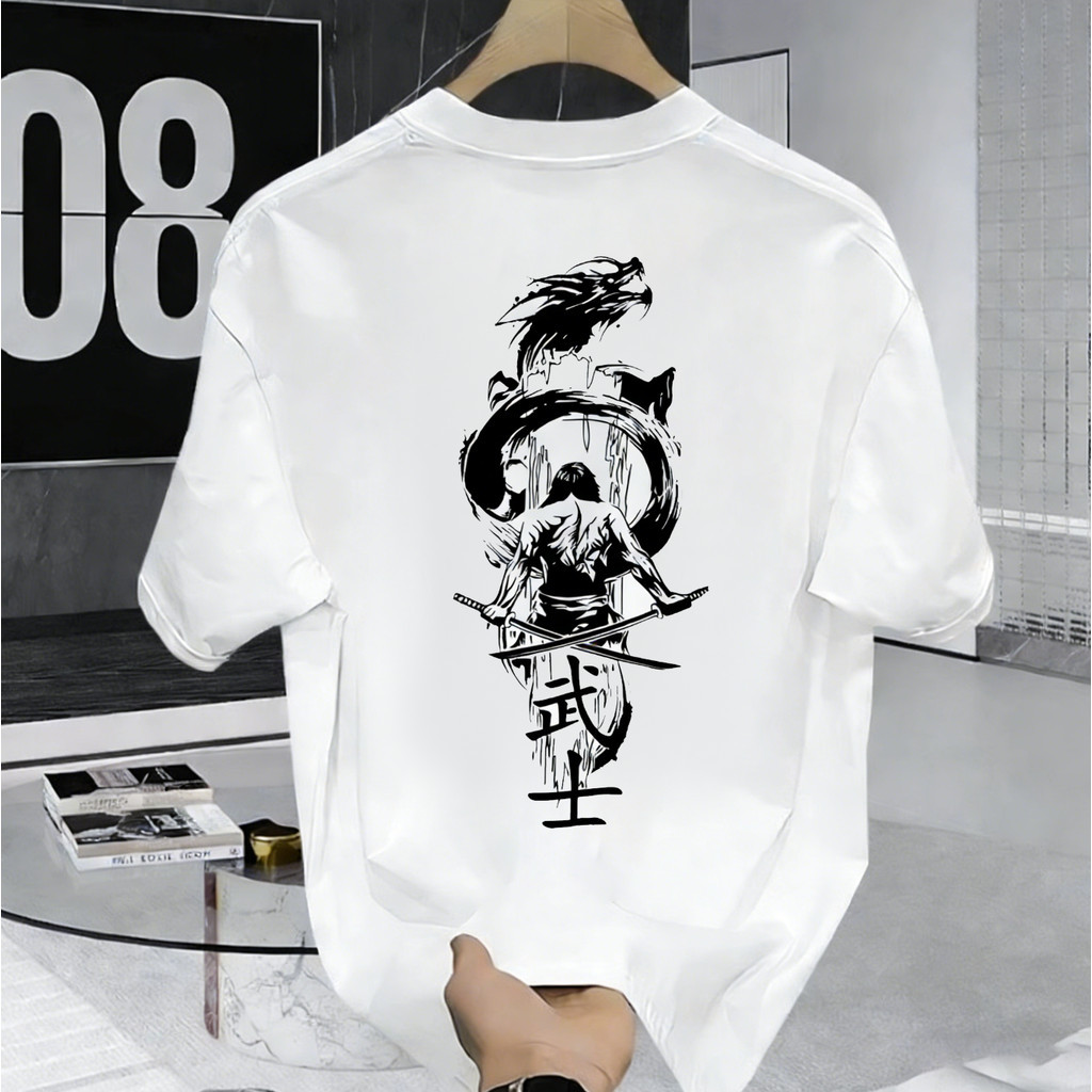 <COD> Kaos Distro Pria Oversize 100% Katun Premium, Baju Kaos Putih Hitam Motif Samurai Naga Jepang 