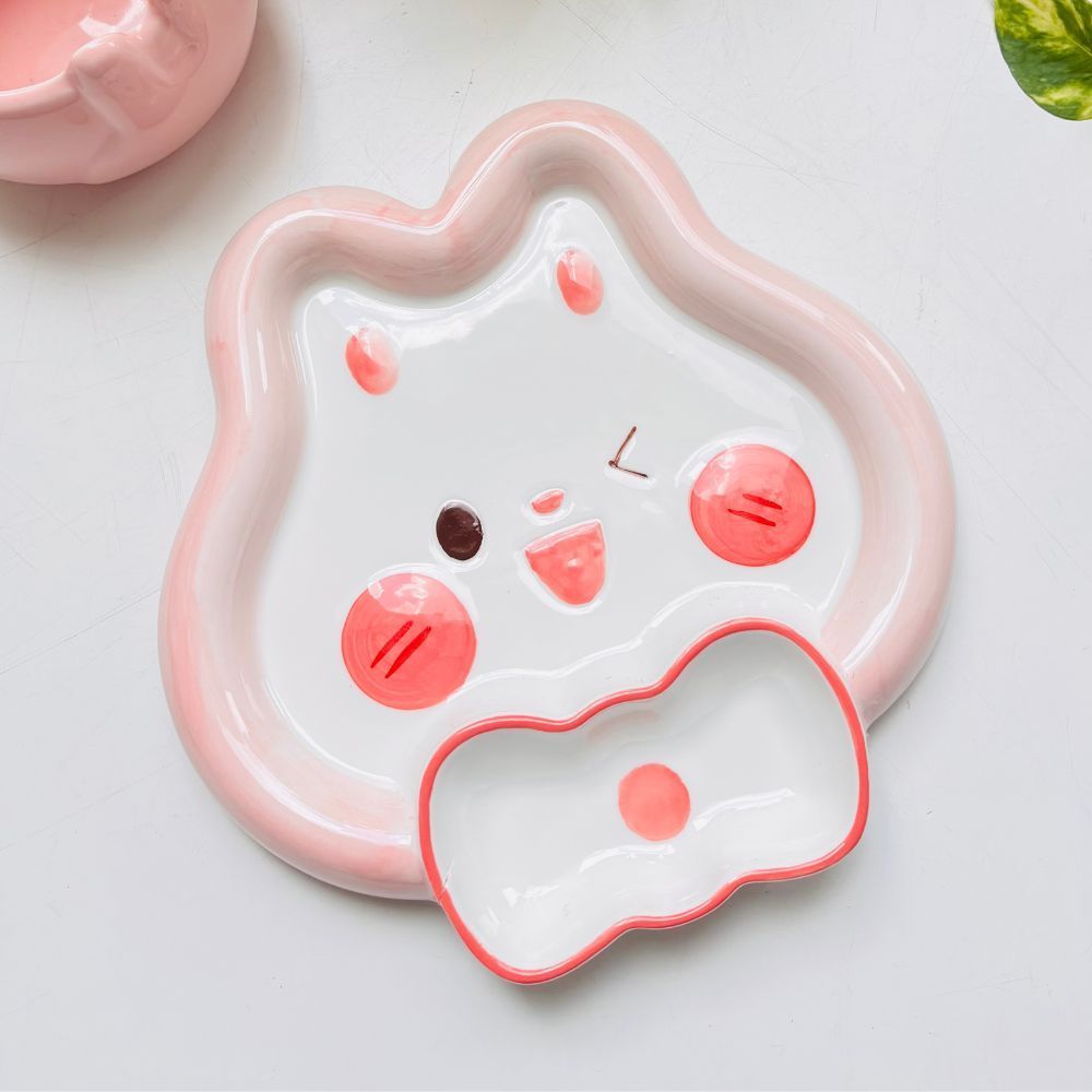 Piring Keramik Rabbit Pink Lucu | Tempat Saus Aesthetic Unik Piring Kecil Estetik