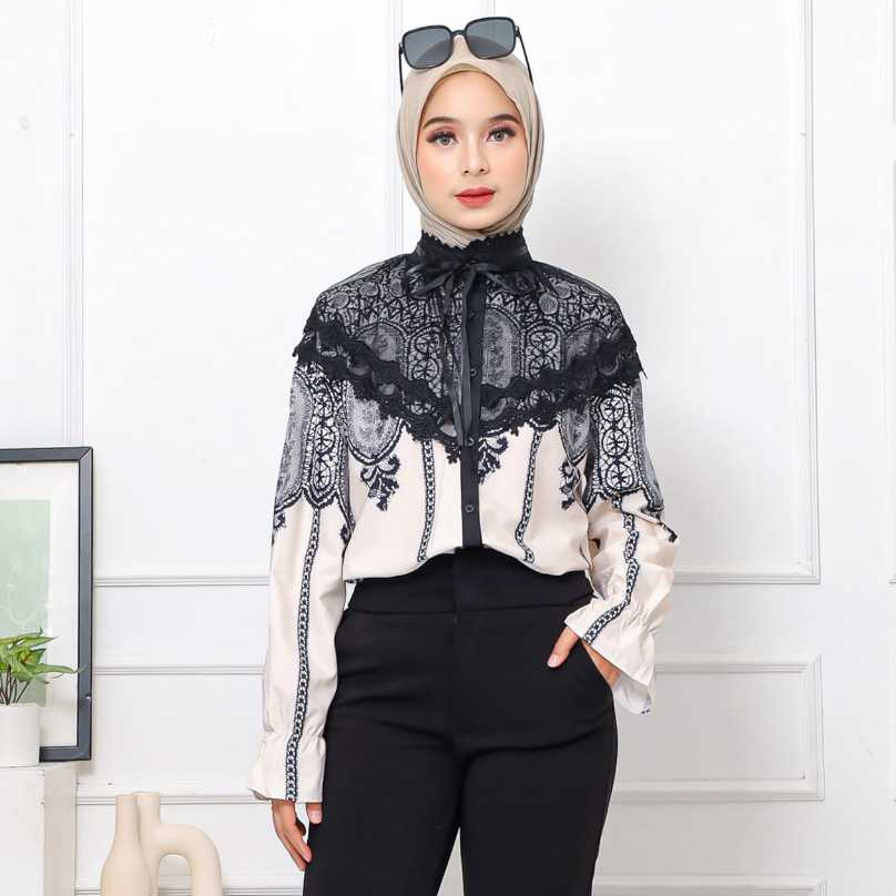 PREMIUM - Blouse Wanita Muslim Elegan Lengan Panjang Ice Silk Crepe Lace Atasan Formal Casual Modis