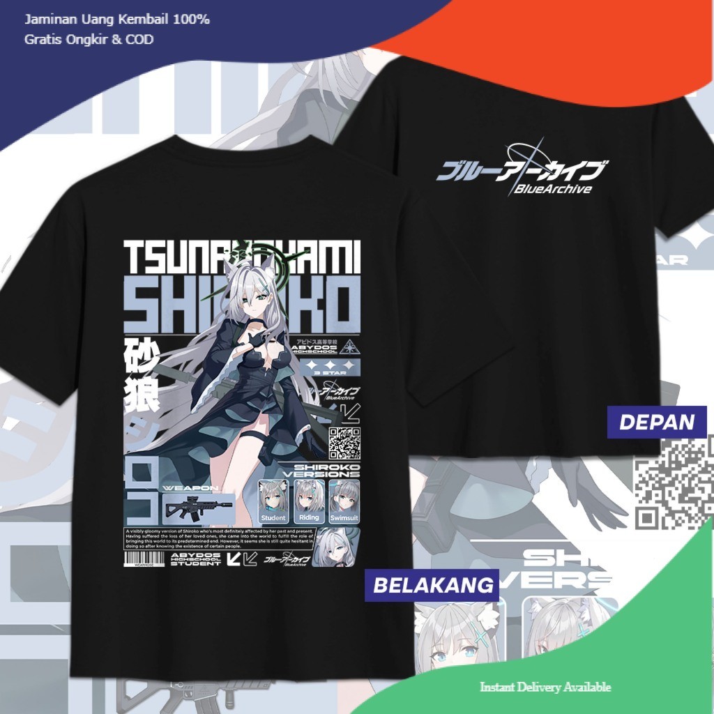 KAOS SHIROKO TERROR BLUE ARCHIVE SUNAOOKAMI SHIROKO TERROR DB Kaos Anime Game Unisex Pria Wanita Ata