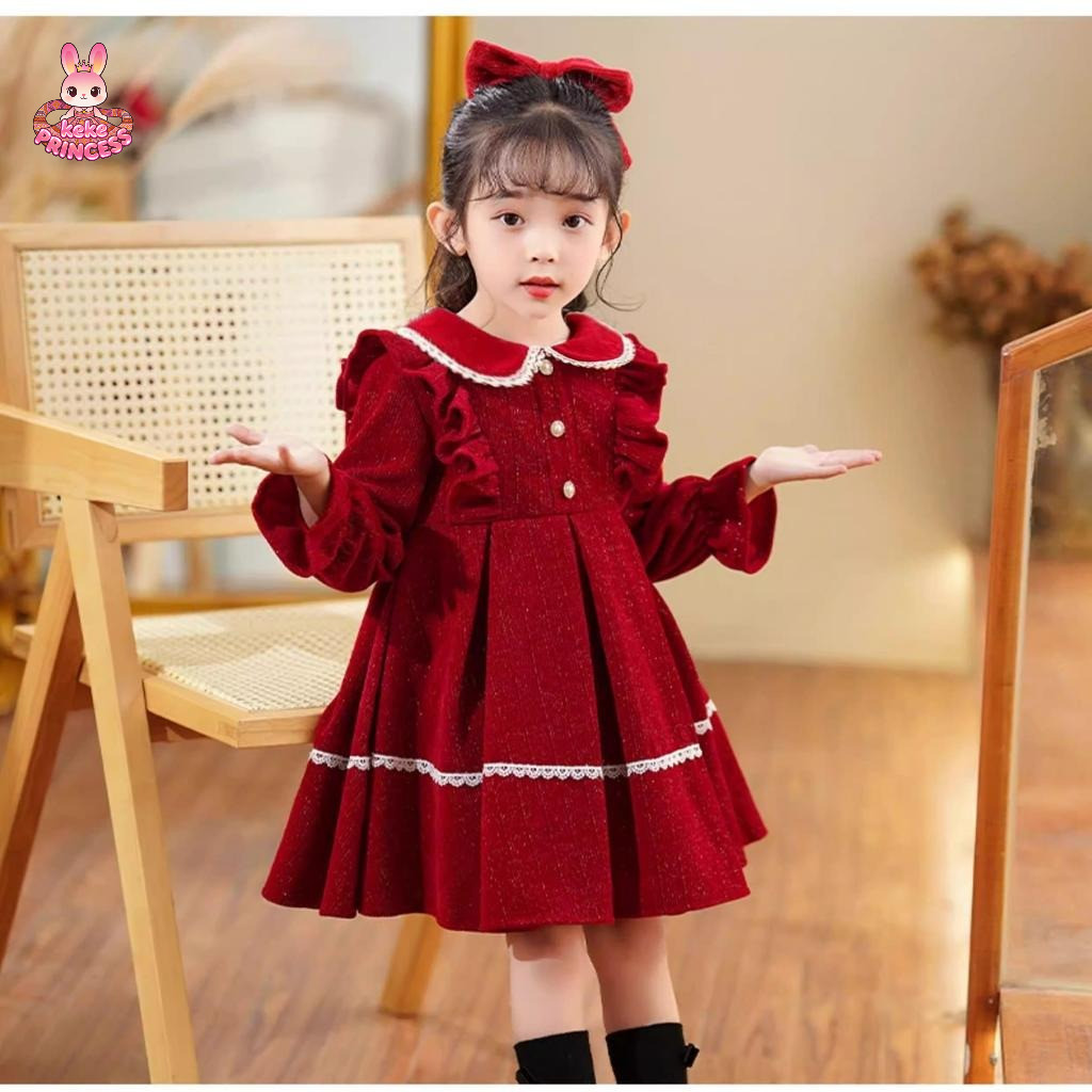 -keke princess- 1-10 Tahun Gaun anak perempuan gaya Korea, gaun putri, bahan korduroi, lengan panjan