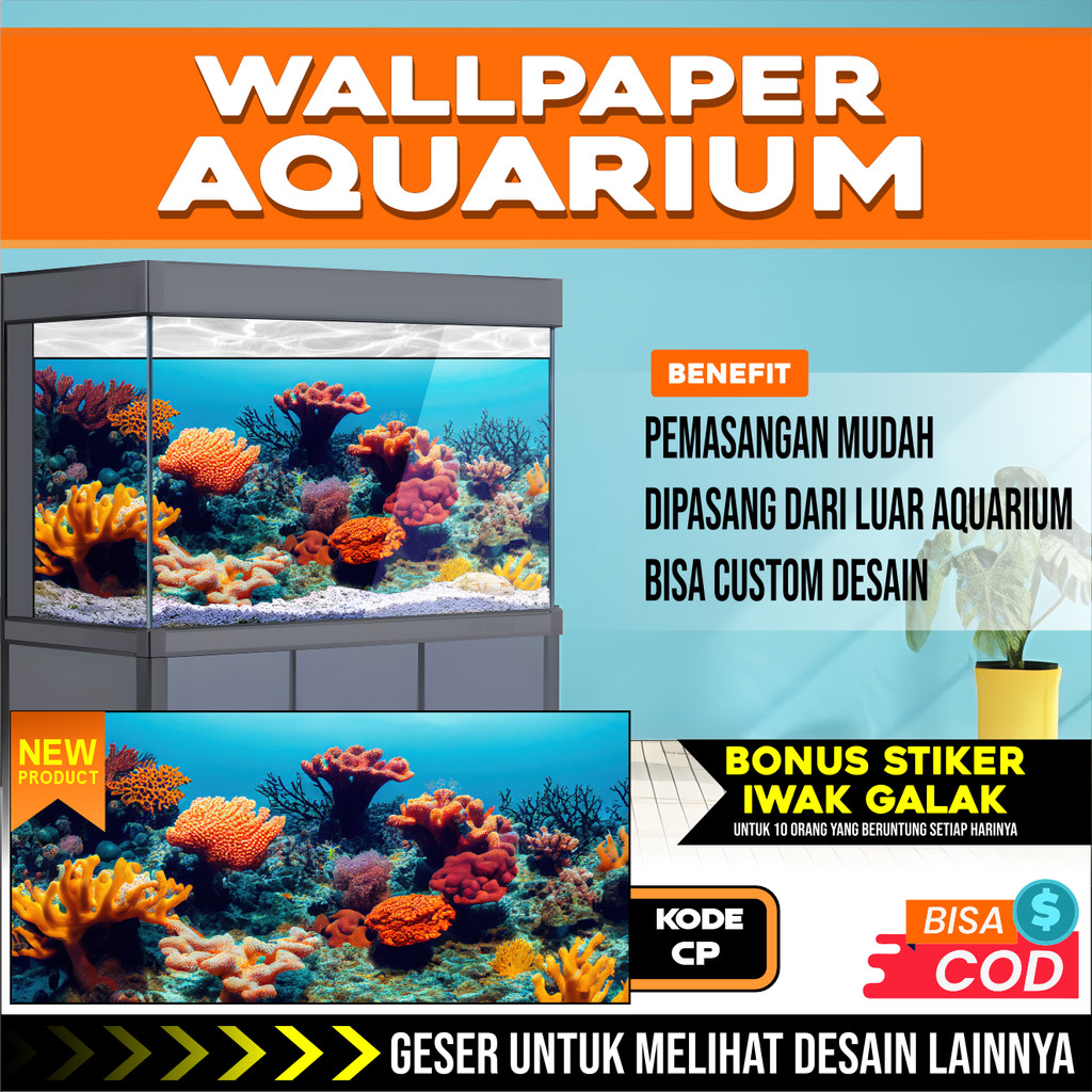 sticker wallpaper background aquascape aquarium belakang NEW tema air terjun batu karang CP